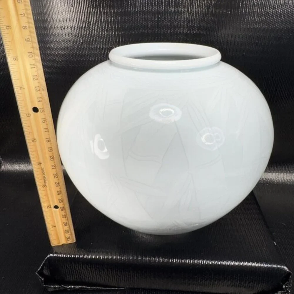 Celadon Pottery Vessel Vase With Bamboo‎ Pattern Light Green Artist Signed Vase